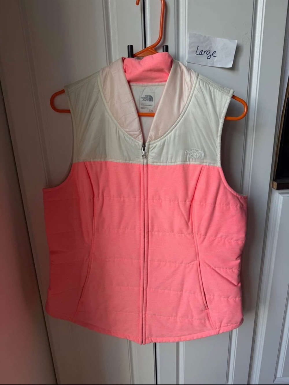 The North Face Coral Pink and Cream Quilted Vest, large, (i2)
